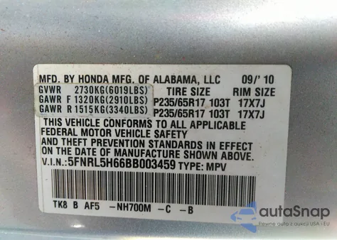 2011 Honda Odyssey Ex-L z USA, uszkodzony, nr VIN 5FNRL5H66BB003459